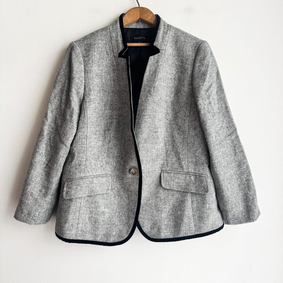 Talbots Grey Wool Blend Herringbone Classic One bUtton Blazer 14 - Picture 1 of 7